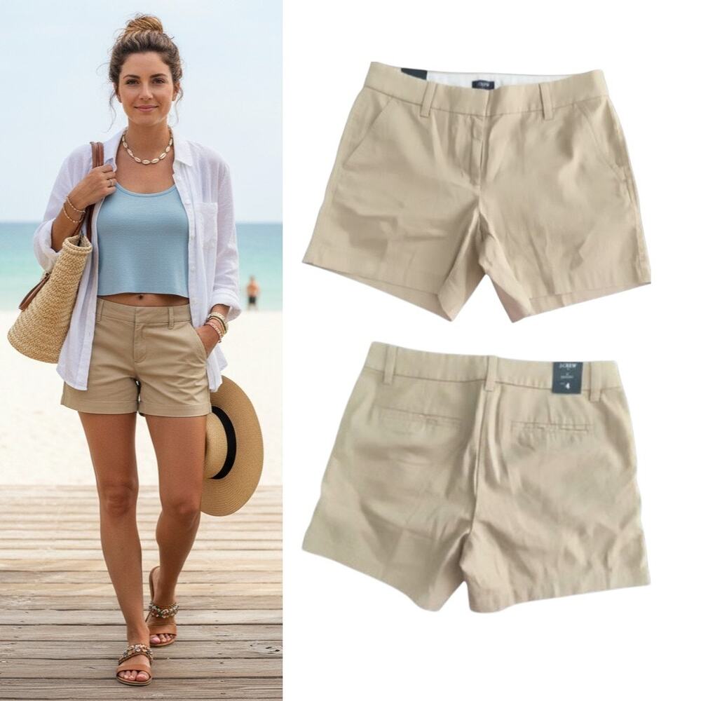 J. Crew Shorts Women's Sz 4 Tan 100%  Cotton 5" Inseam  Slash Pockets Flat Front